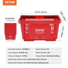 VEVOR Shopping Basket, Set of 12, 24L Durable Plastic Grocery Basket with Handle and Stand, 425 x 295 x 225 mm Portable Shop Basket Bulk Used for Retail Store, Supermarket, and Grocery Shopping, Red