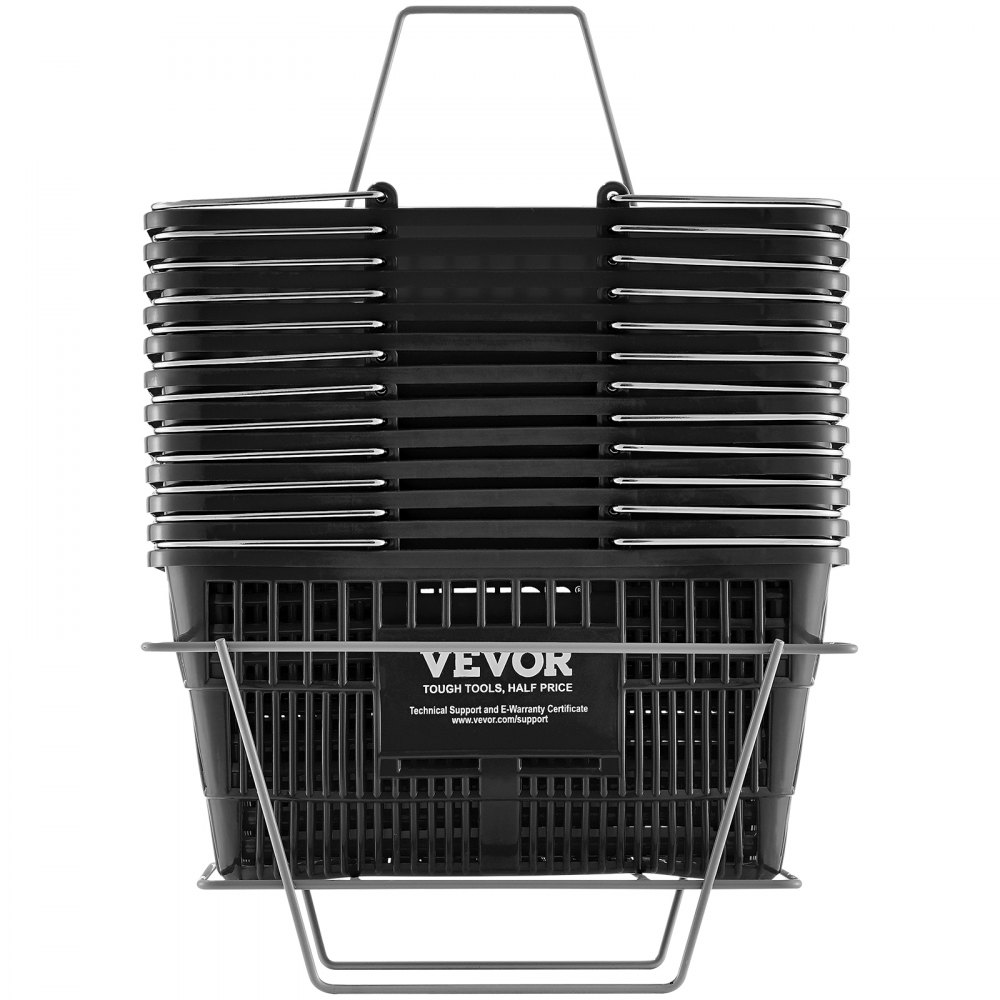 VEVOR Shopping Basket, Set of 12, 21L Durable Plastic Grocery Basket with Metal Handle and Stand, 16.73 x 12.01 x 8.58 inch Portable Shop Basket for Retail Store Supermarket Grocery Shopping, Black