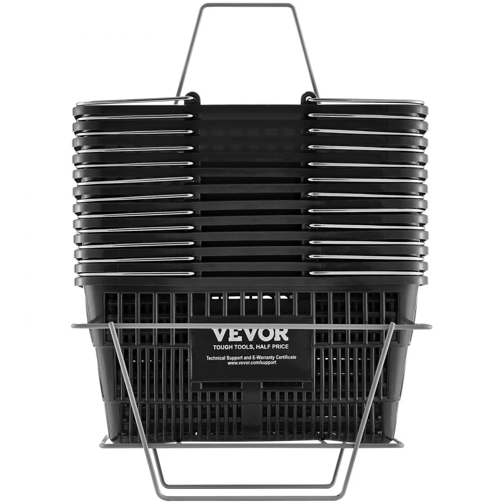 VEVOR Shopping Basket, Set of 12, 21L Durable Plastic Grocery Basket with Metal Handle and Stand, 16.73 x 12.01 x 8.58 inch Portable Shop Basket for Retail Store Supermarket Grocery Shopping, Black