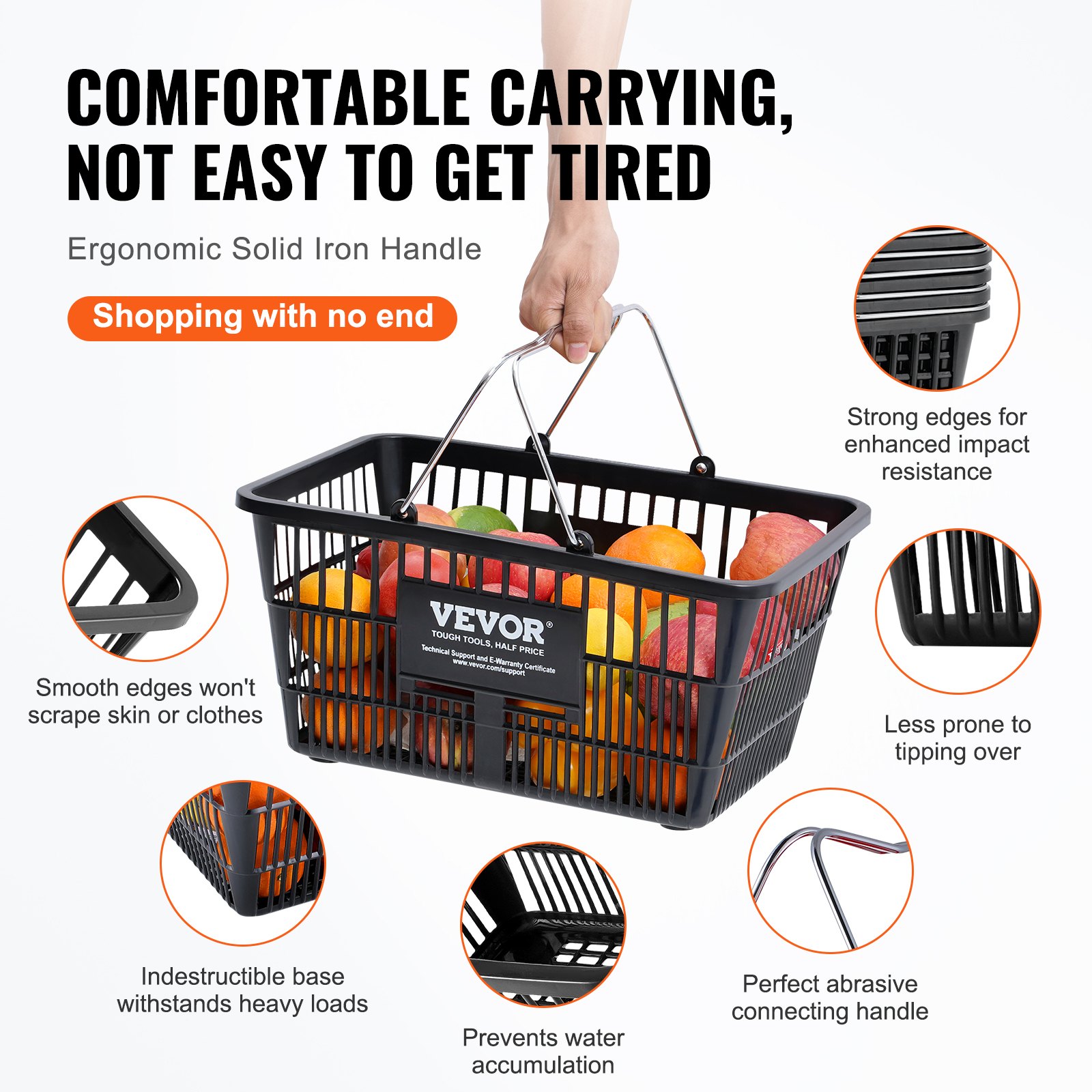 VEVOR Shopping Basket, Set of 12, 21L Durable Plastic Grocery Basket with Metal Handle and Stand, 16.73 x 12.01 x 8.58 inch Portable Shop Basket for Retail Store Supermarket Grocery Shopping, Black