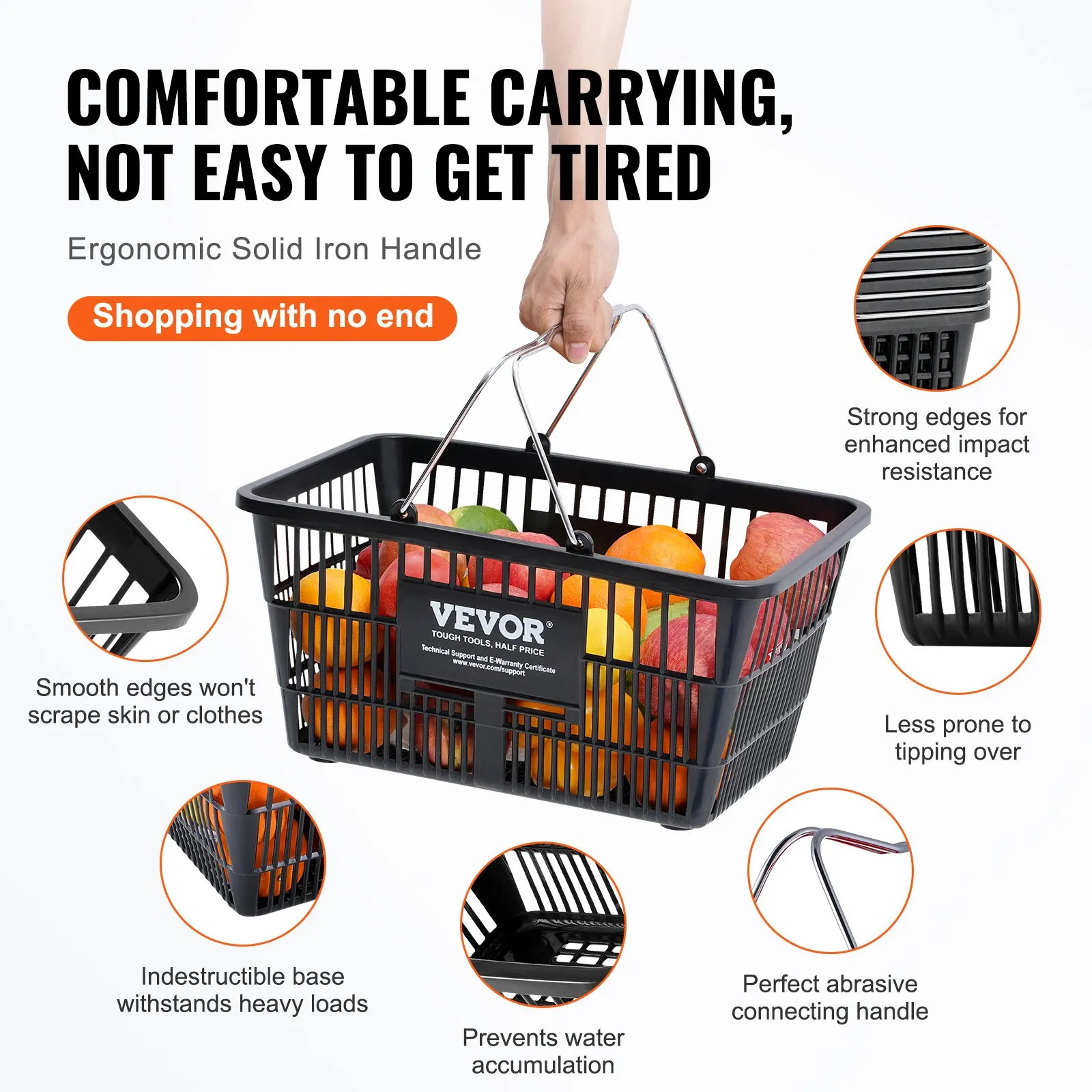 VEVOR Shopping Basket, Set of 12, 21L Durable Plastic Grocery Basket with Metal Handle and Stand, 16.73 x 12.01 x 8.58 inch Portable Shop Basket for Retail Store Supermarket Grocery Shopping, Black
