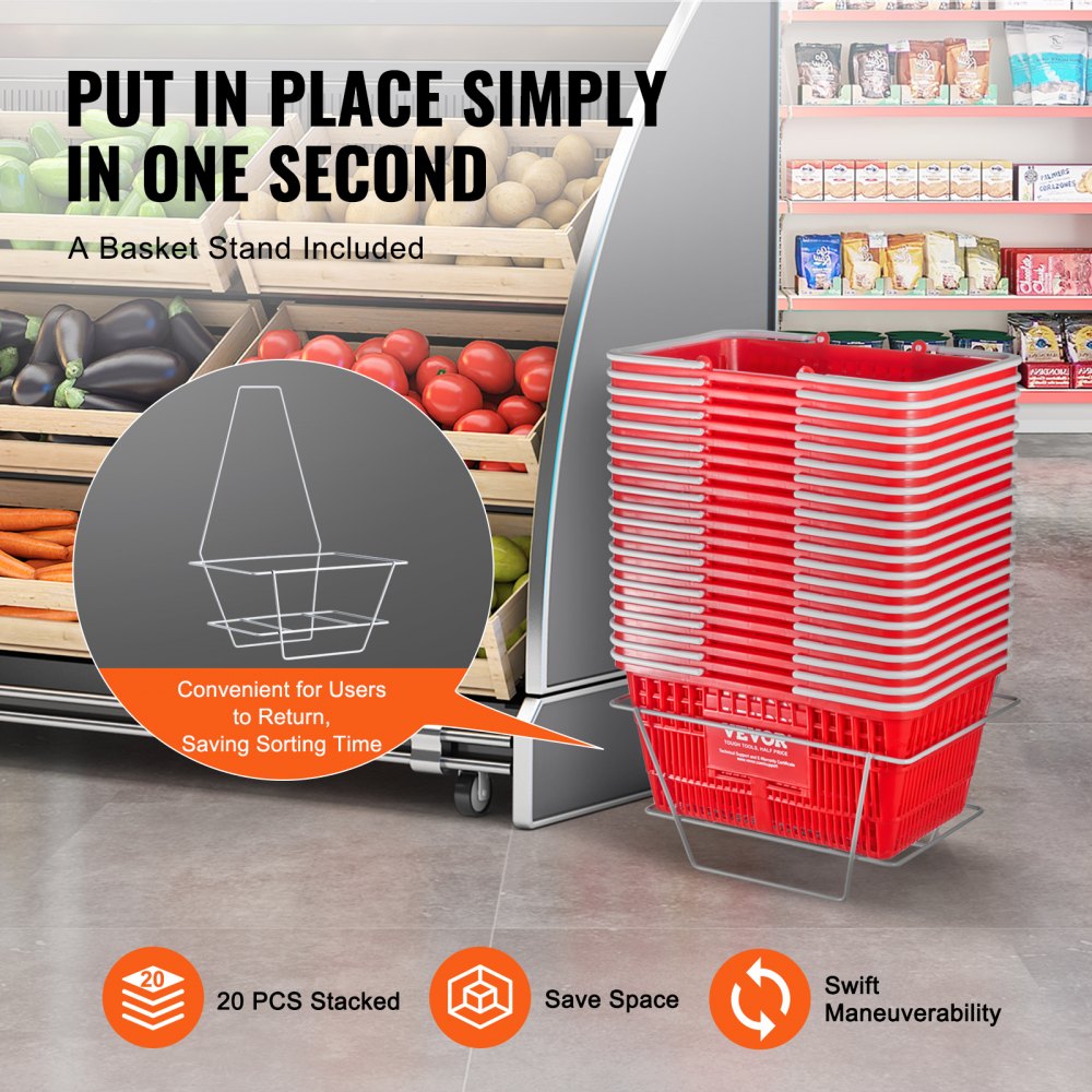 VEVOR Shopping Basket, Set of 20, 21L Durable Plastic Grocery Basket with Handle and Stand, 16.5 x 11.8 x 8.27 inch Portable Shop Basket Bulk Used for Retail Store Supermarket Grocery Shopping, Red