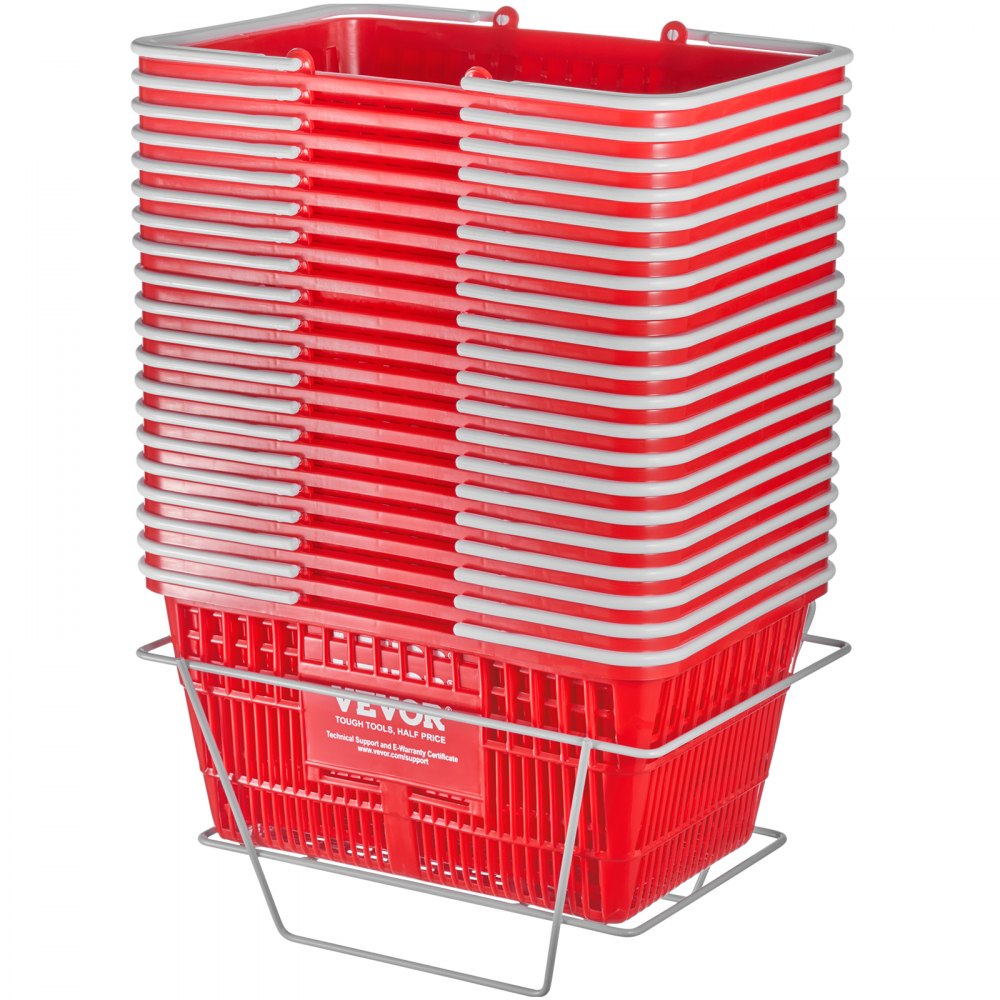 VEVOR shopping basket stack, red plastic baskets with white edges, metal stand, front view.