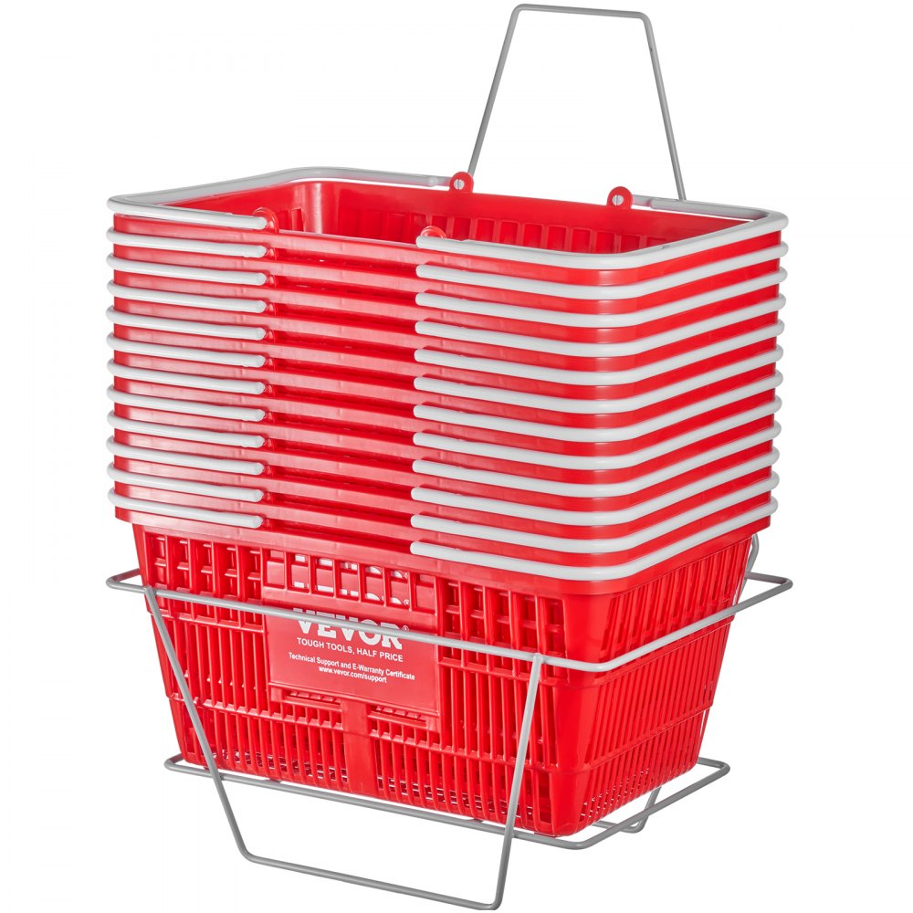 stack of red VEVOR grocery baskets with gray handles in a metal stand.