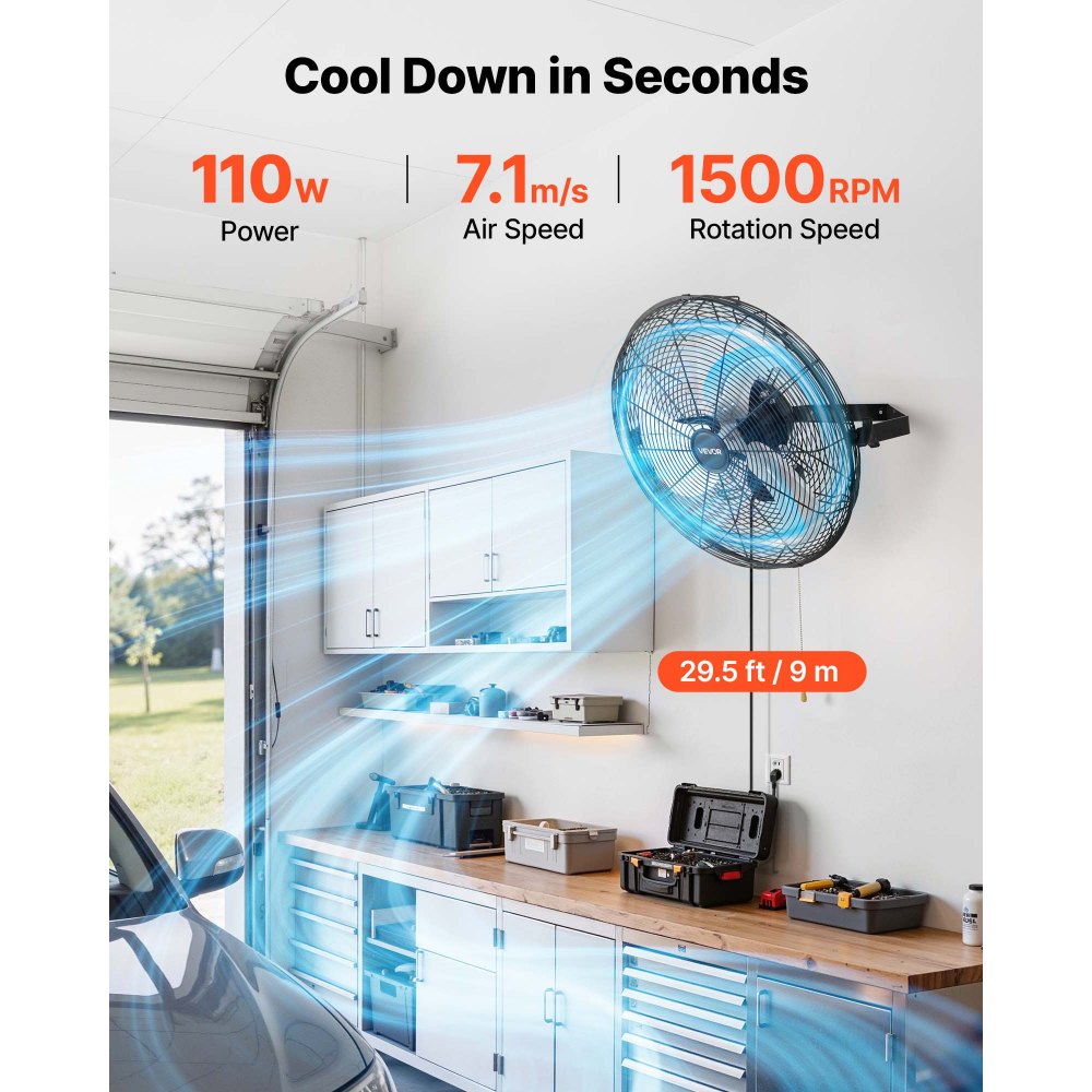 VEVOR Wall Mount Fan, 18 in Wall Mounted Hanging Fan, 3-Speed, Long Airflow Distance, Adjustable Rotation Angle, Mechanical Control, Powerful for Industry, Commercial, Garage, Workshop, Gym, 2 Pack
