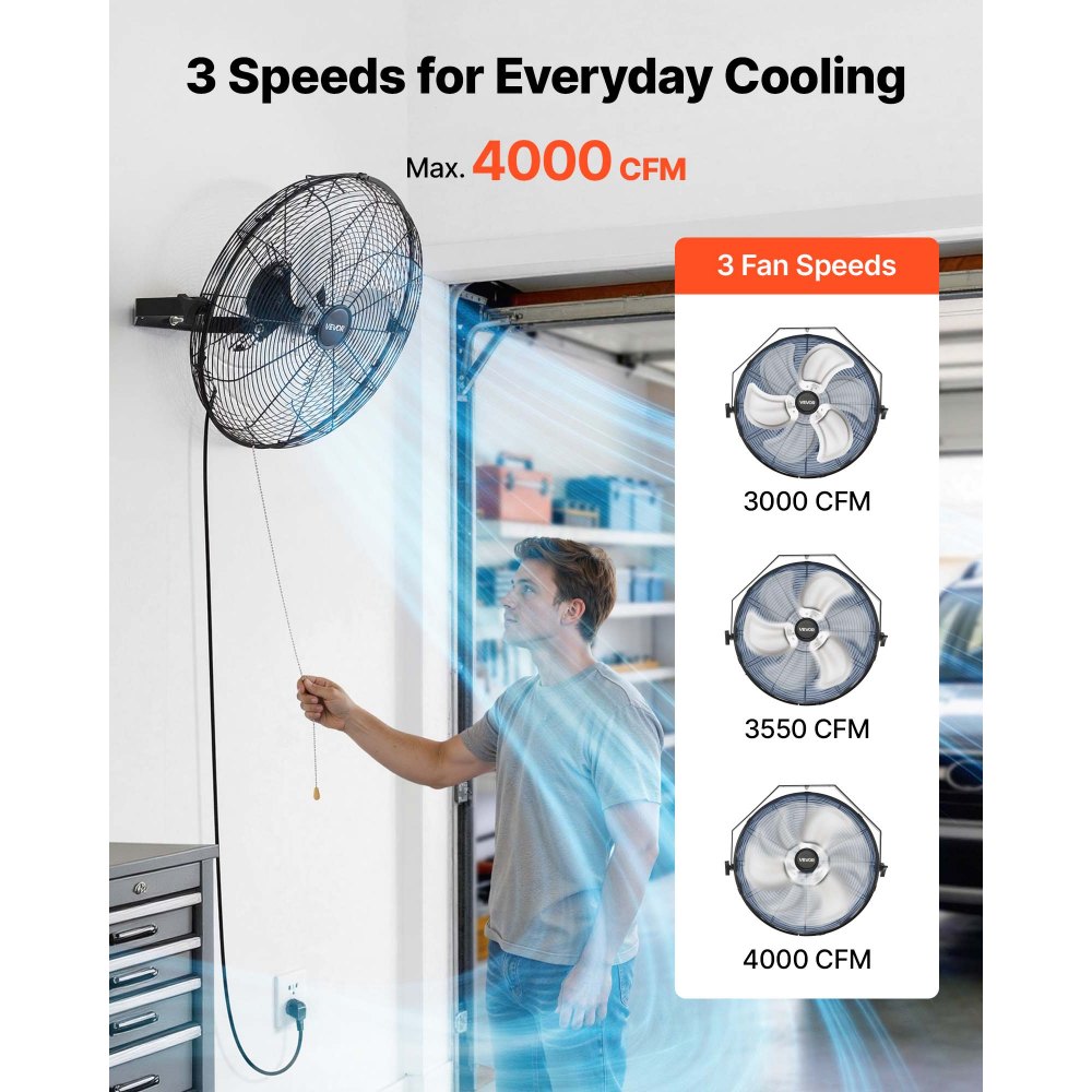 VEVOR Wall Mount Fan, 18 in Wall Mounted Hanging Fan, 3-Speed, Long Airflow Distance, Adjustable Rotation Angle, Mechanical Control, Powerful for Industry, Commercial, Garage, Workshop, Gym, 2 Pack
