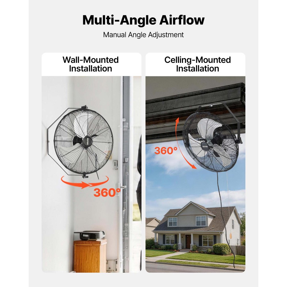 VEVOR Wall Mount Fan, 18 in Wall Mounted Hanging Fan, 3-Speed, Long Airflow Distance, Adjustable Rotation Angle, Mechanical Control, Powerful for Industry, Commercial, Garage, Workshop, Gym, 2 Pack