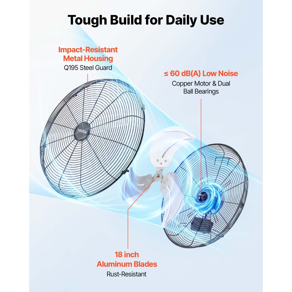 VEVOR Wall Mount Fan, 18 in Wall Mounted Hanging Fan, 3-Speed, Long Airflow Distance, Adjustable Rotation Angle, Mechanical Control, Powerful for Industry, Commercial, Garage, Workshop, Gym, 2 Pack