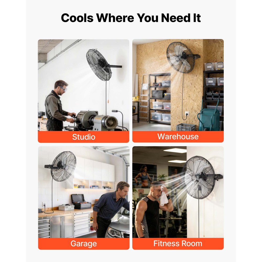 VEVOR Wall Mount Fan, 18 in Wall Mounted Hanging Fan, 3-Speed, Long Airflow Distance, Adjustable Rotation Angle, Mechanical Control, Powerful for Industry, Commercial, Garage, Workshop, Gym, 2 Pack