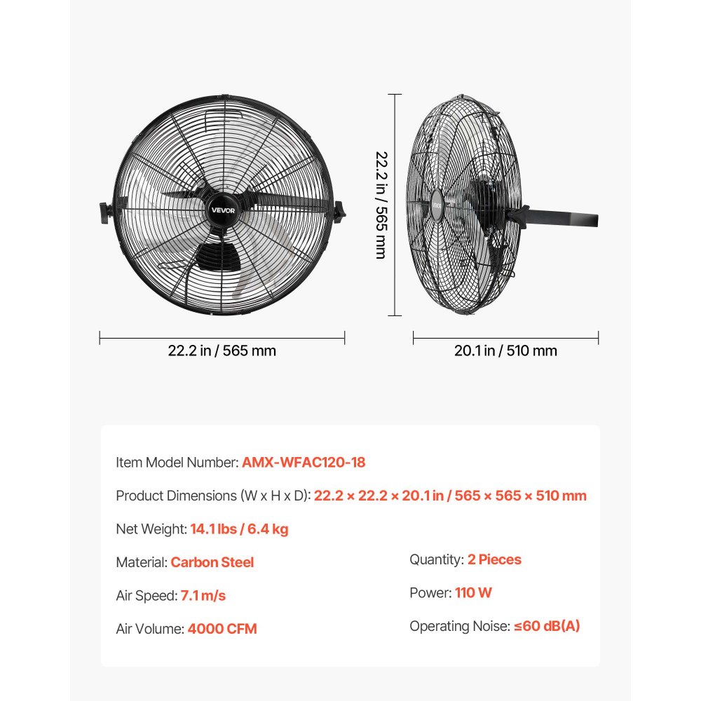 VEVOR Wall Mount Fan, 18 in Wall Mounted Hanging Fan, 3-Speed, Long Airflow Distance, Adjustable Rotation Angle, Mechanical Control, Powerful for Industry, Commercial, Garage, Workshop, Gym, 2 Pack