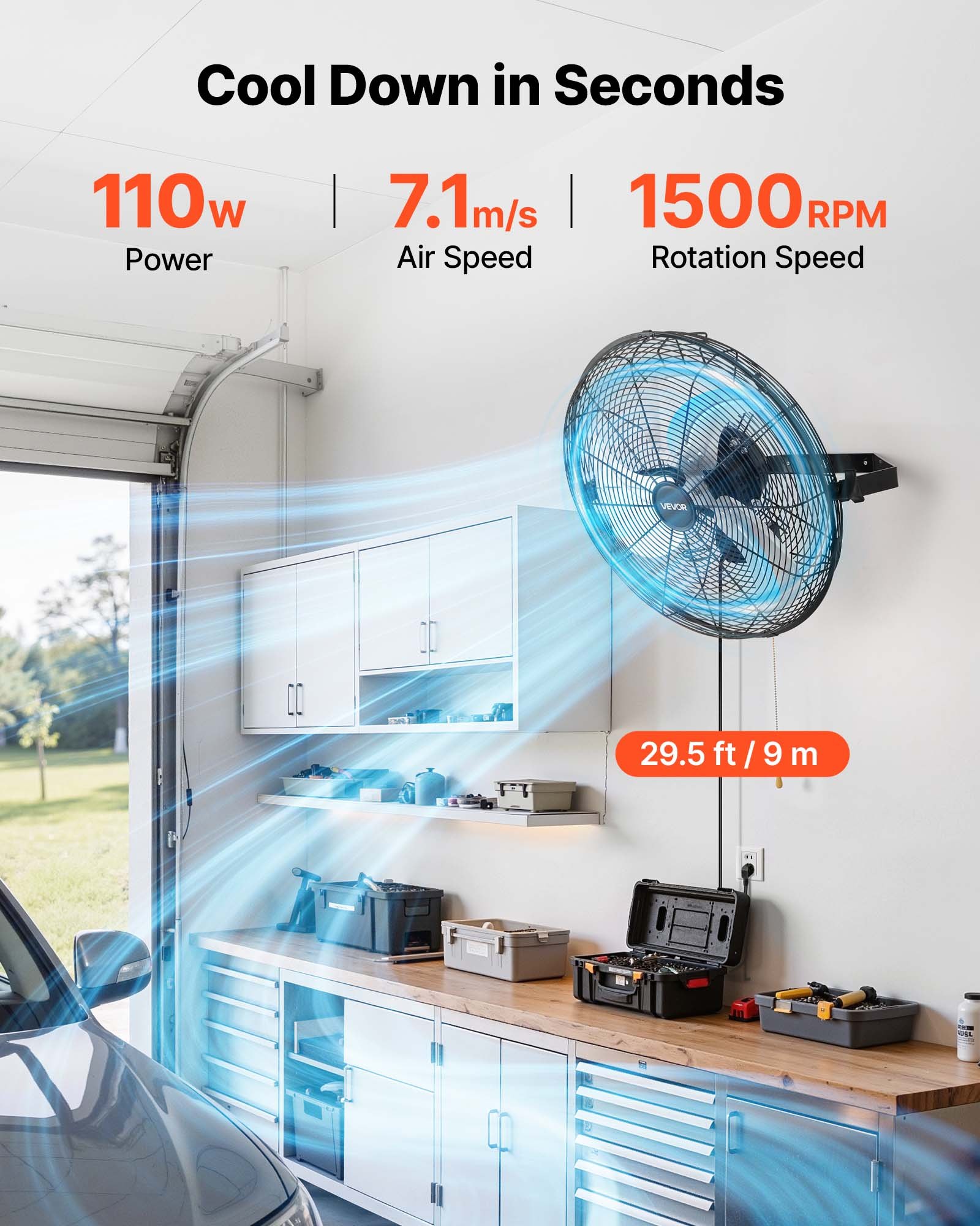 VEVOR Wall Mount Fan, 18 in Wall Mounted Hanging Fan, 3-Speed, Long Airflow Distance, Adjustable Rotation Angle, Mechanical Control, Powerful for Industry, Commercial, Garage, Workshop, Gym, 2 Pack