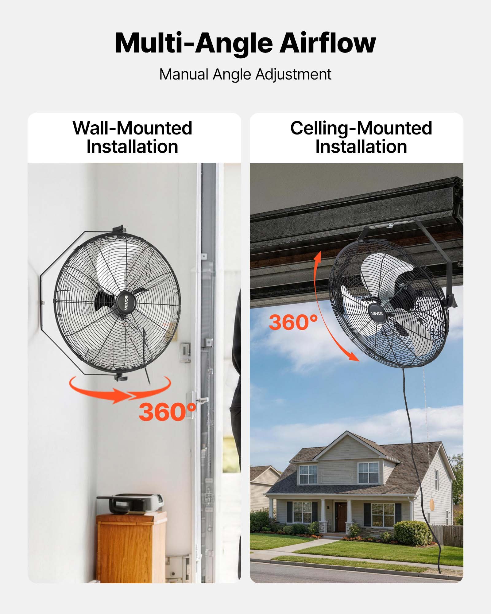 VEVOR Wall Mount Fan, 18 in Wall Mounted Hanging Fan, 3-Speed, Long Airflow Distance, Adjustable Rotation Angle, Mechanical Control, Powerful for Industry, Commercial, Garage, Workshop, Gym, 2 Pack