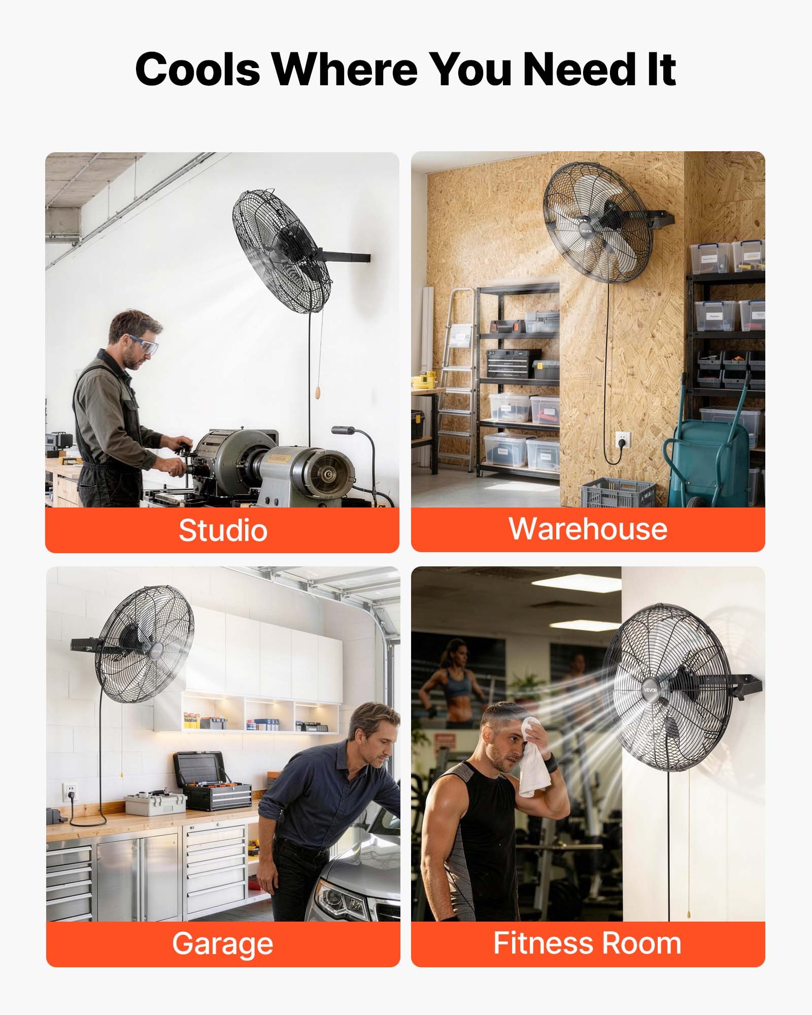 VEVOR Wall Mount Fan, 18 in Wall Mounted Hanging Fan, 3-Speed, Long Airflow Distance, Adjustable Rotation Angle, Mechanical Control, Powerful for Industry, Commercial, Garage, Workshop, Gym, 2 Pack
