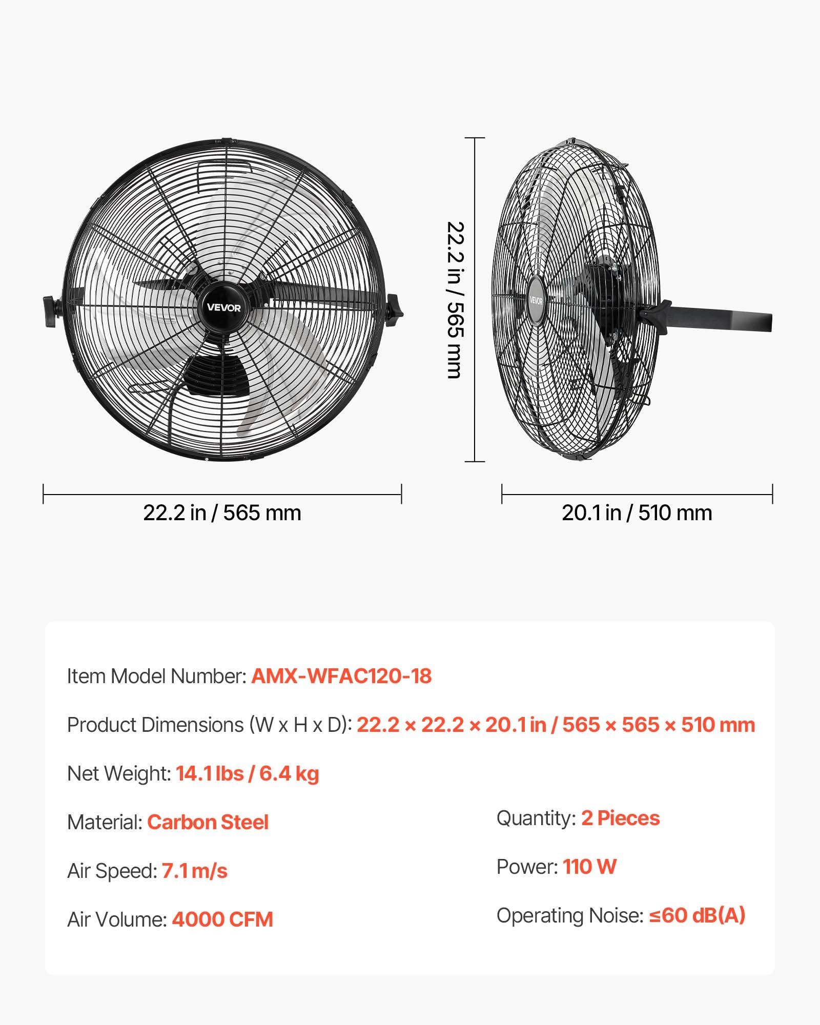 VEVOR Wall Mount Fan, 18 in Wall Mounted Hanging Fan, 3-Speed, Long Airflow Distance, Adjustable Rotation Angle, Mechanical Control, Powerful for Industry, Commercial, Garage, Workshop, Gym, 2 Pack