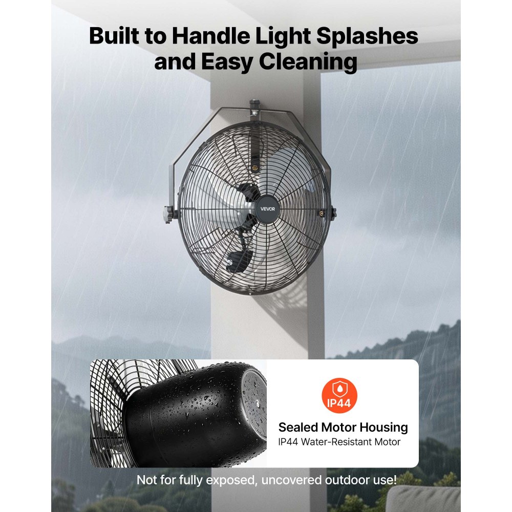 VEVOR Wall Mount Fan, 18 in Wall Mounted Hanging Fan with IP44-rated Protection, 3-Speed, Long Airflow Distance, Adjustable Rotation Angle, Powerful for Industry, Commercial, Garage, Workshop
