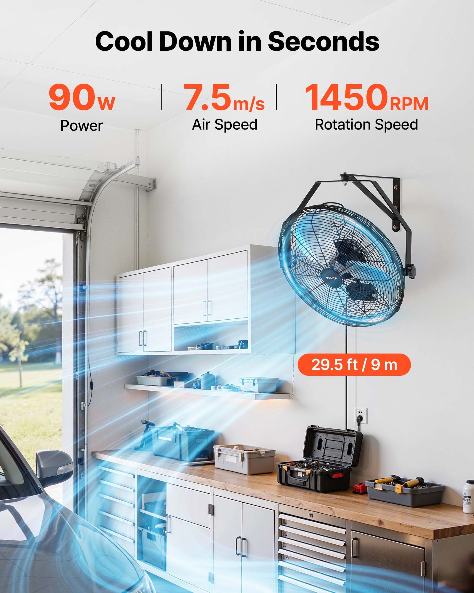 VEVOR Wall Mount Fan, 18 in Wall Mounted Hanging Fan with IP44-rated Protection, 3-Speed, Long Airflow Distance, Adjustable Rotation Angle, Powerful for Industry, Commercial, Garage, Workshop