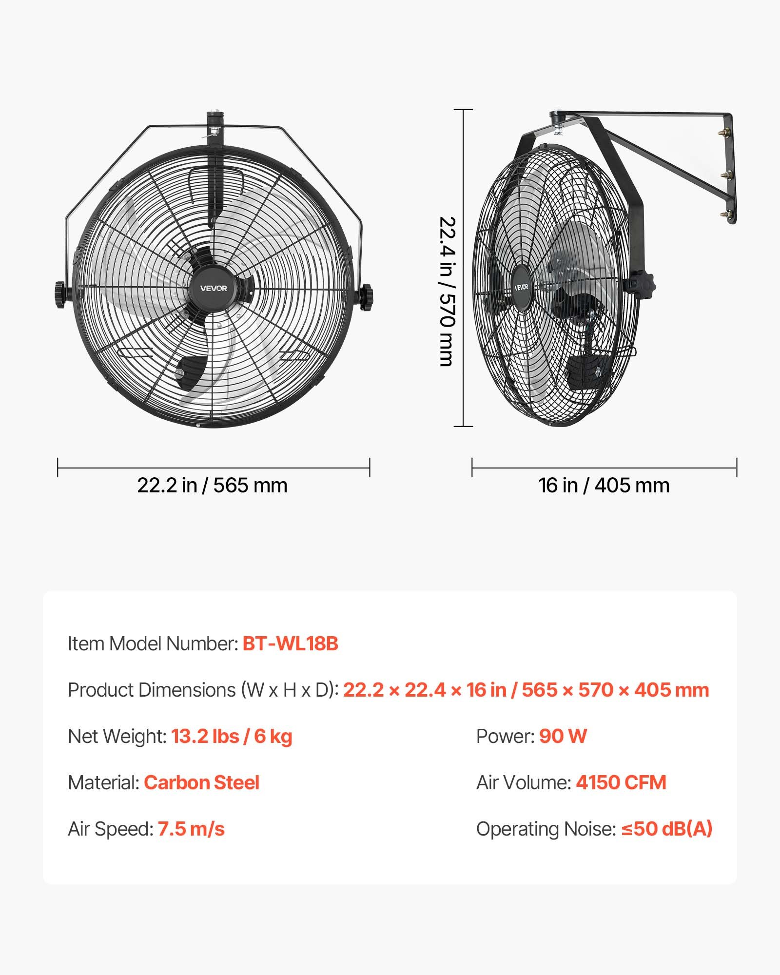 VEVOR Wall Mount Fan, 18 in Wall Mounted Hanging Fan with IP44-rated Protection, 3-Speed, Long Airflow Distance, Adjustable Rotation Angle, Powerful for Industry, Commercial, Garage, Workshop