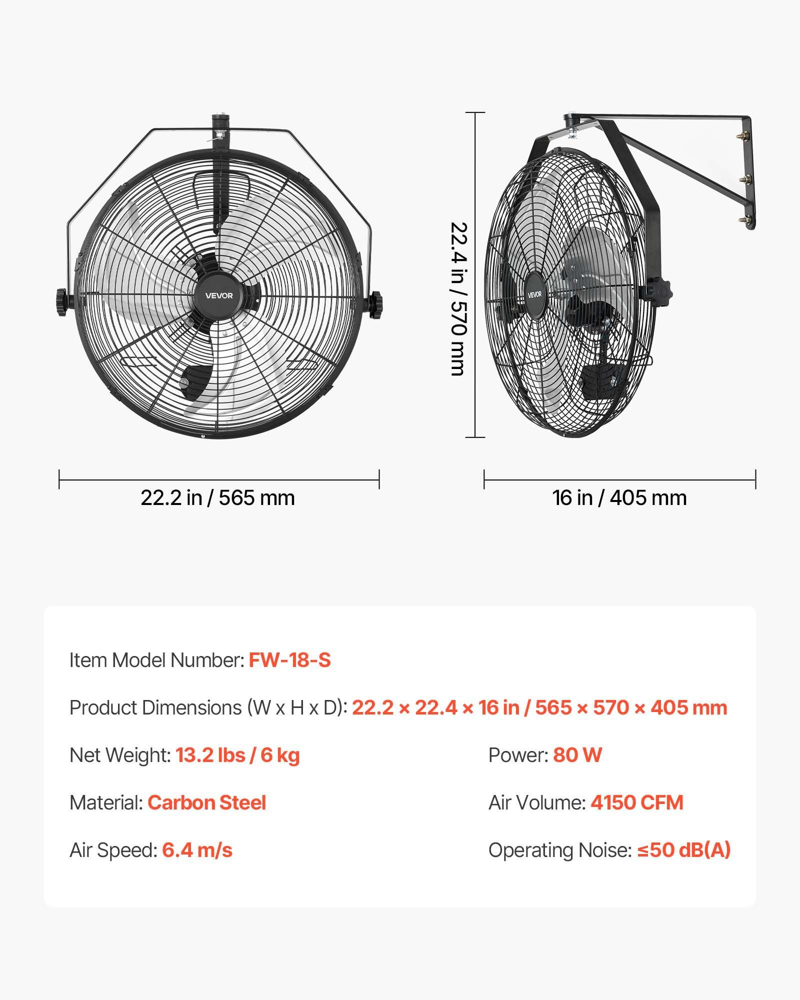 VEVOR Wall Mount Fan, 450 mm Wall Mounted Hanging Fan with IP44-rated Protection, 3-Speed, Long Airflow Distance, Adjustable Rotation Angle, Powerful for Industry, Commercial, Garage, Workshop, Gym