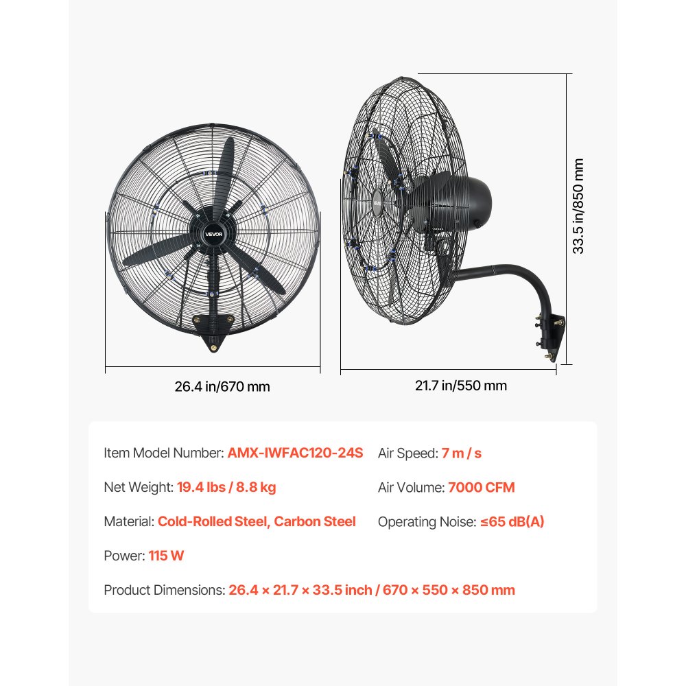 VEVOR Wall Mount Fan, 24 in Wall Mounted Hanging Fan with Oscillating & Mist, IP44-rated, 3-Speed, Powerful Air Reach, Mechanical Control, Long Airflow for Industry, Commercial, Garage, Workshop
