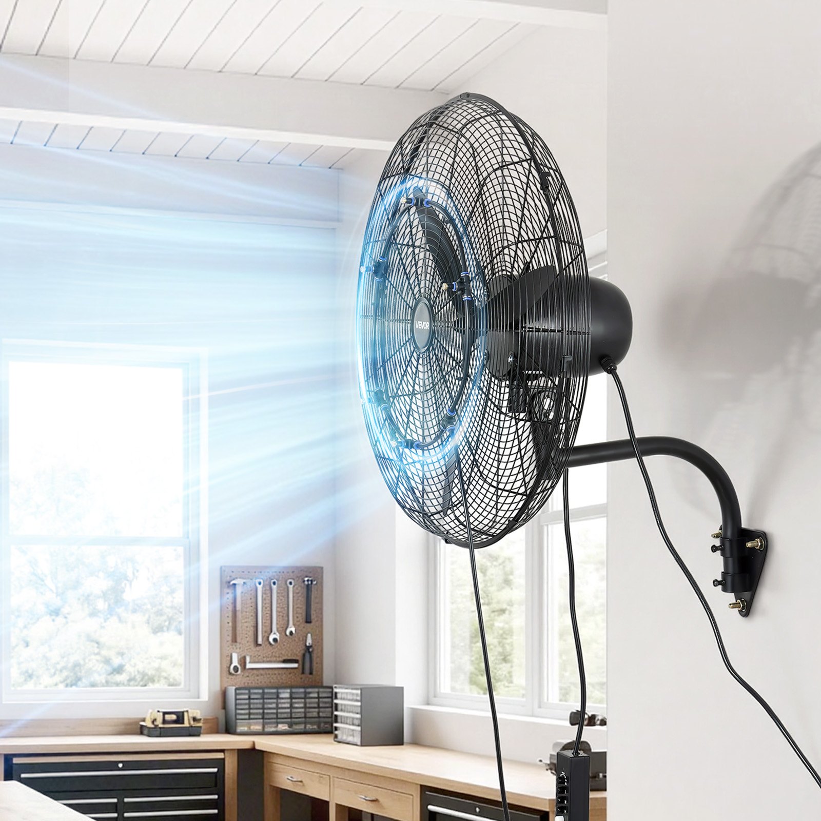 VEVOR Wall Mount Fan, 24 in Wall Mounted Hanging Fan with Oscillating & Mist, IP44-rated, 3-Speed, Powerful Air Reach, Mechanical Control, Long Airflow for Industry, Commercial, Garage, Workshop