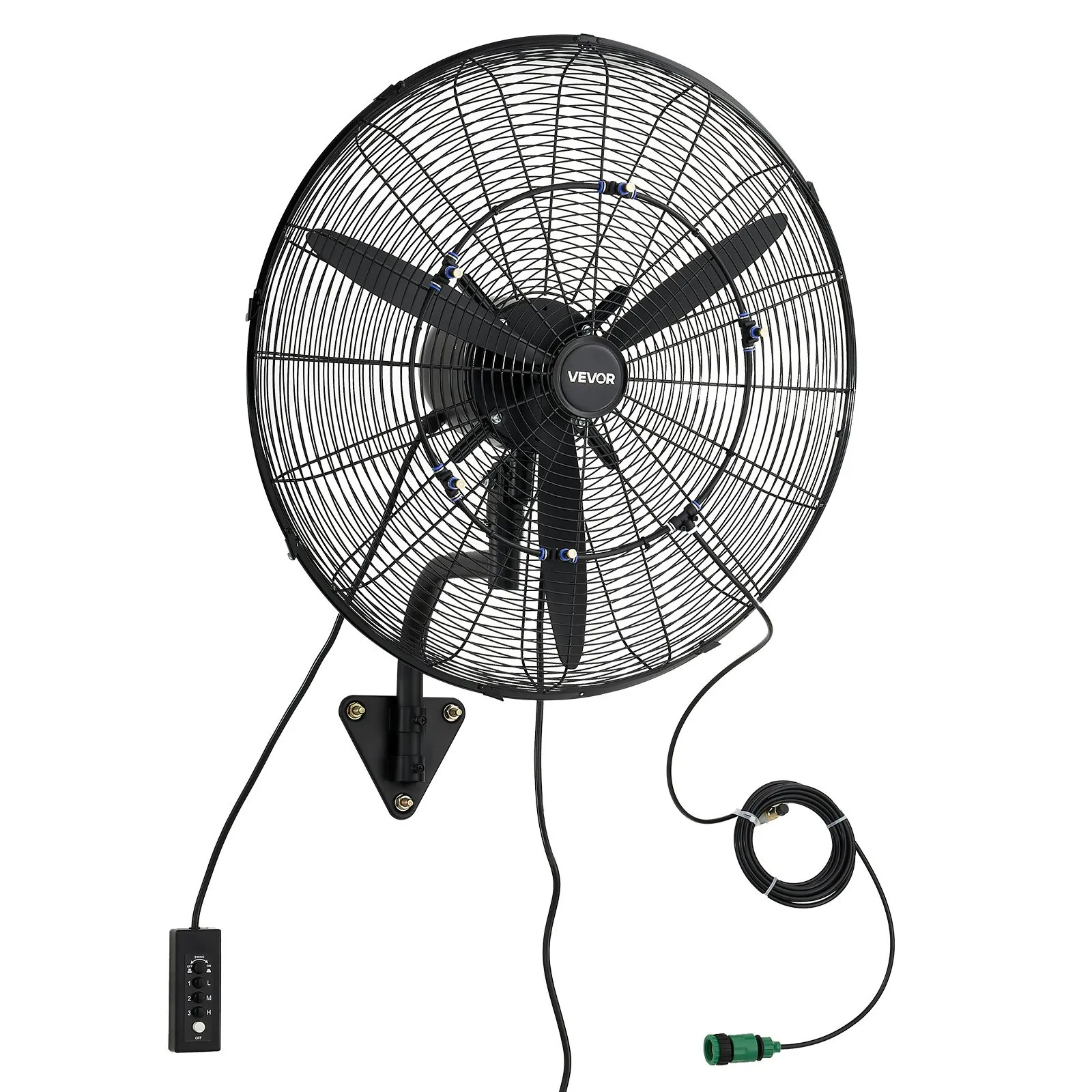 VEVOR Wall Mount Fan, 24 in Wall Mounted Hanging Fan with Oscillating & Mist, IP44-rated, 3-Speed, Powerful Air Reach, Mechanical Control, Long Airflow for Industry, Commercial, Garage, Workshop