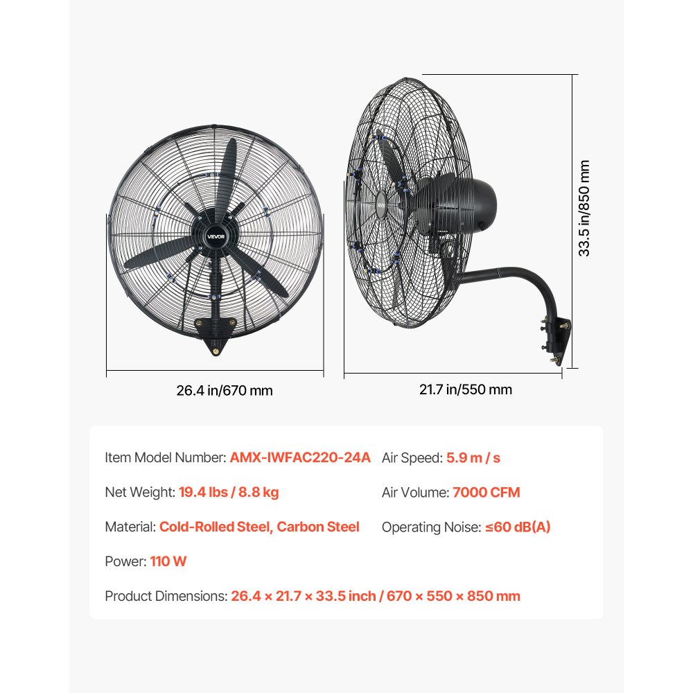 VEVOR Wall Mount Fan, 610 mm Wall Mounted Hanging Fan with Oscillating & Mist, IP44-rated, 3-Speed, Powerful Air Reach, Mechanical Control, Long Airflow for Industry, Commercial, Garage, Workshop