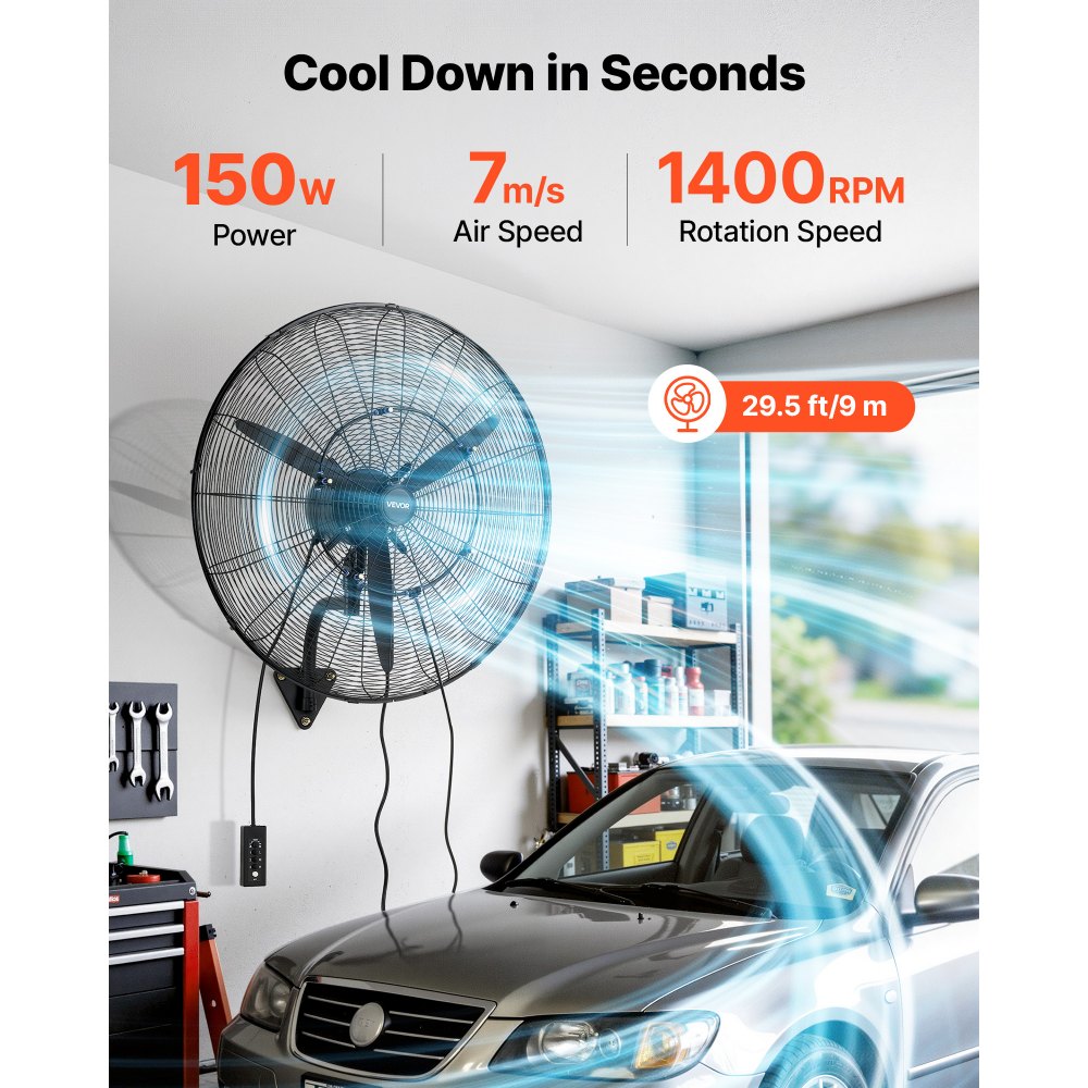 VEVOR Wall Mount Fan, 30 in Wall Mounted Hanging Fan with Oscillating & Mist, IP44-rated, 3-Speed, Powerful Air Reach, Mechanical Control, Long Airflow for Industry, Commercial, Garage, Workshop, Gym