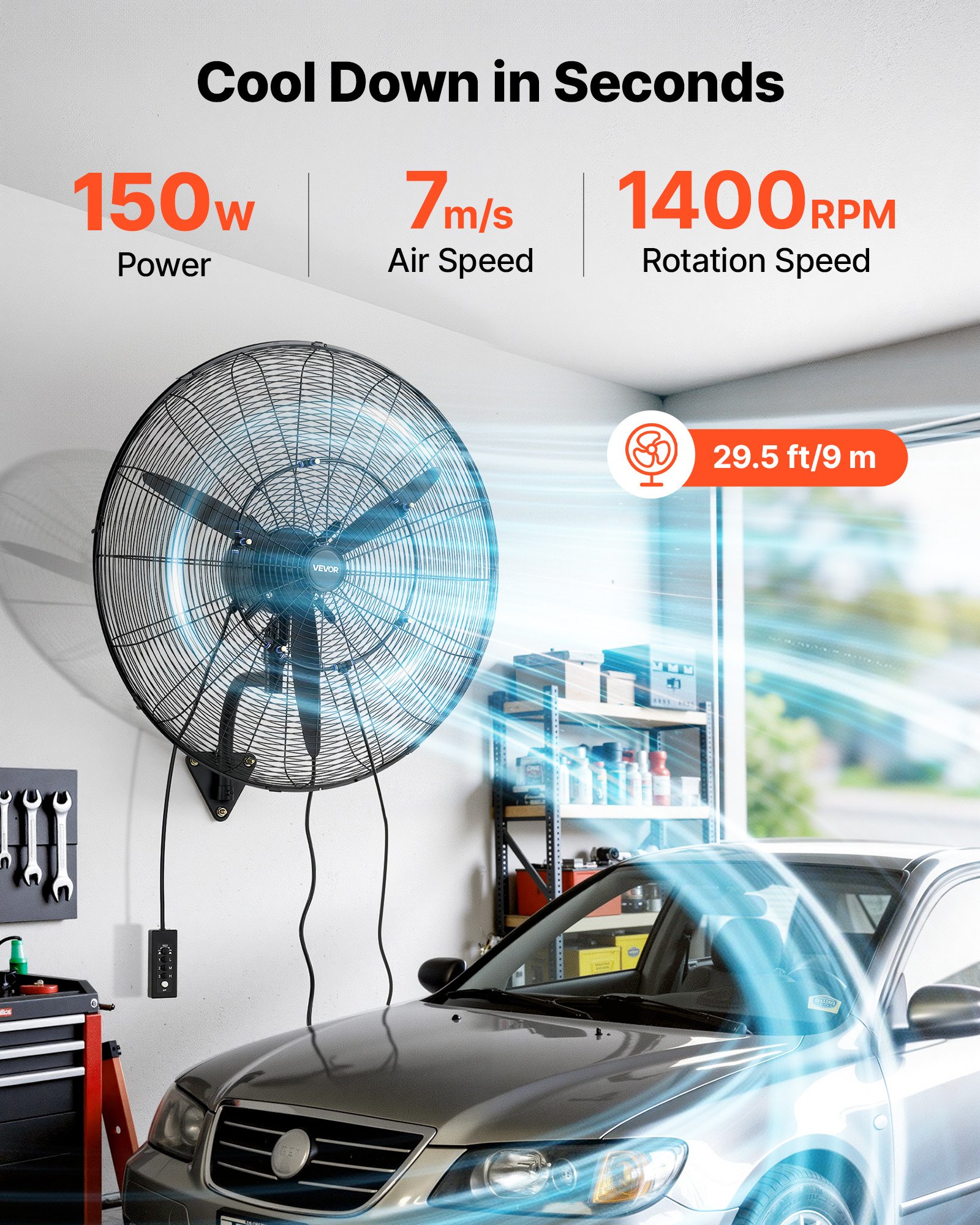 VEVOR Wall Mount Fan, 30 in Wall Mounted Hanging Fan with Oscillating & Mist, IP44-rated, 3-Speed, Powerful Air Reach, Mechanical Control, Long Airflow for Industry, Commercial, Garage, Workshop, Gym