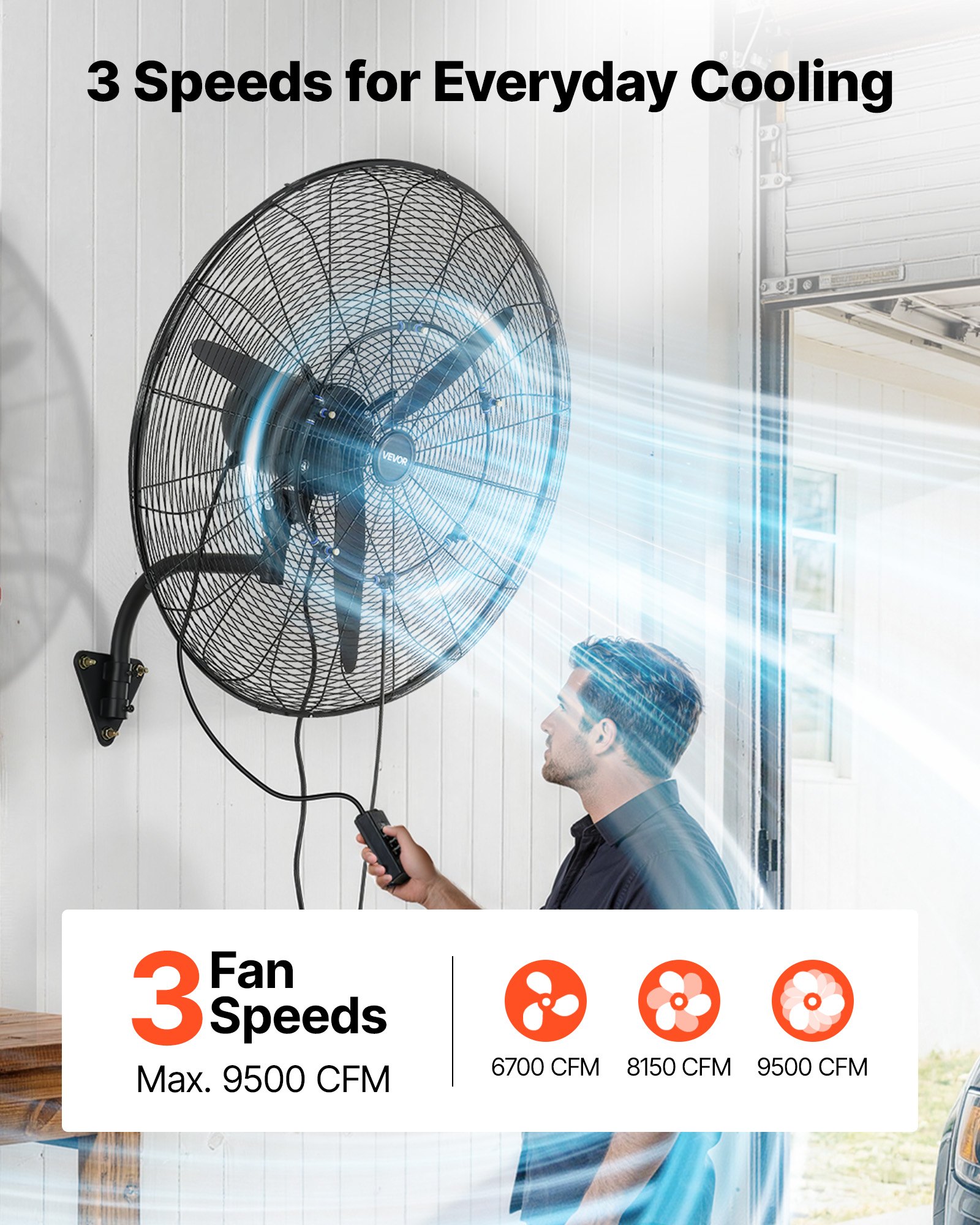 VEVOR Wall Mount Fan, 30 in Wall Mounted Hanging Fan with Oscillating & Mist, IP44-rated, 3-Speed, Powerful Air Reach, Mechanical Control, Long Airflow for Industry, Commercial, Garage, Workshop, Gym