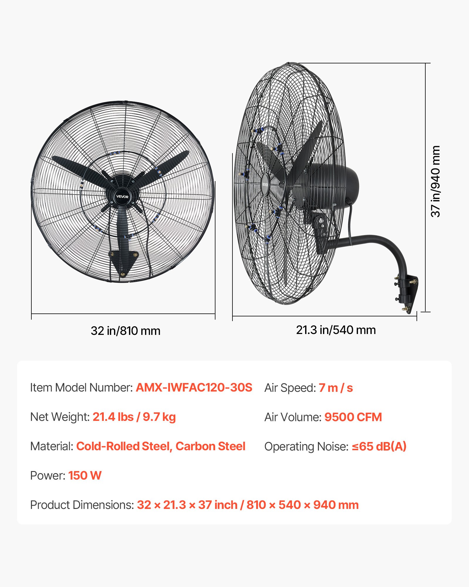 VEVOR Wall Mount Fan, 30 in Wall Mounted Hanging Fan with Oscillating & Mist, IP44-rated, 3-Speed, Powerful Air Reach, Mechanical Control, Long Airflow for Industry, Commercial, Garage, Workshop, Gym