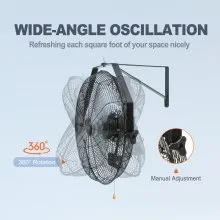 VEVOR Industrial Wall Mount Fan Waterproof Metal Fan 17.6'' 3 Speed Airflow