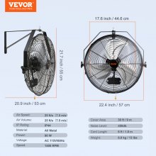 VEVOR Industrial Wall Mount Fan Waterproof Metal Fan 17.6'' 3 Speed Airflow