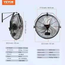 VEVOR Industrial Wall Mount Fan Waterproof Metal Fan 17.6'' 3 Speed Airflow