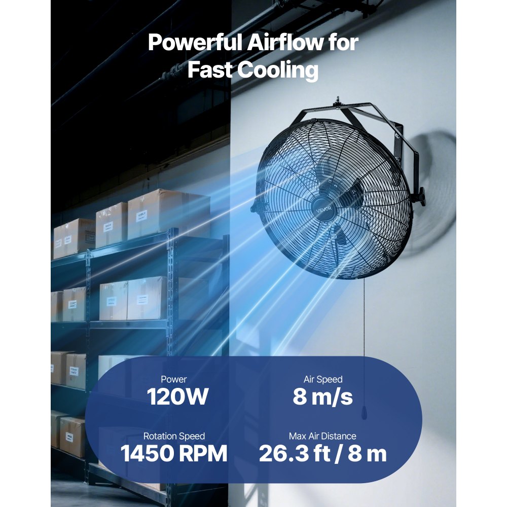 VEVOR 565mm Industrial Wall Mount Fan 3 Speed 4000 CFM Garage Warehouse Fan