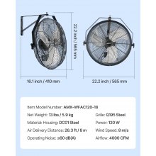 VEVOR 565mm Industrial Wall Mount Fan 3 Speed 4000 CFM Garage Warehouse Fan