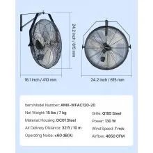 20 Inch Industrial Wall Mount Fan 3 Speed 4650 CFM for Garage Workshop