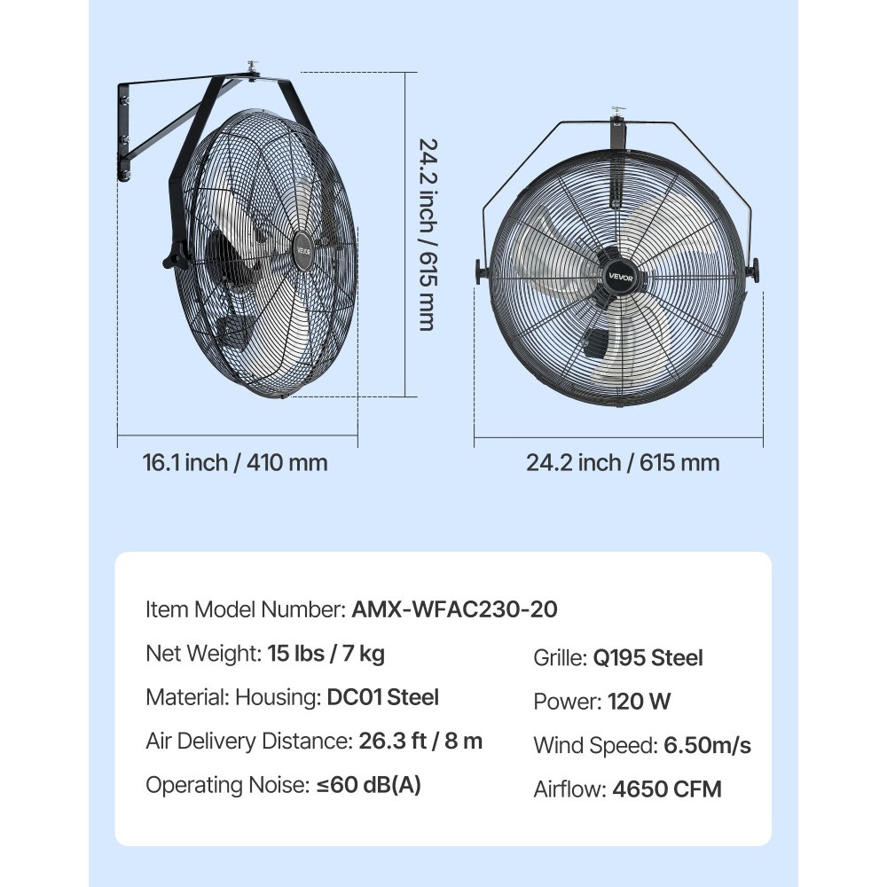 VEVOR 615mm Industrial Wall Mount Fan 3 Speed 4650 CFM for Garage Greenhouse