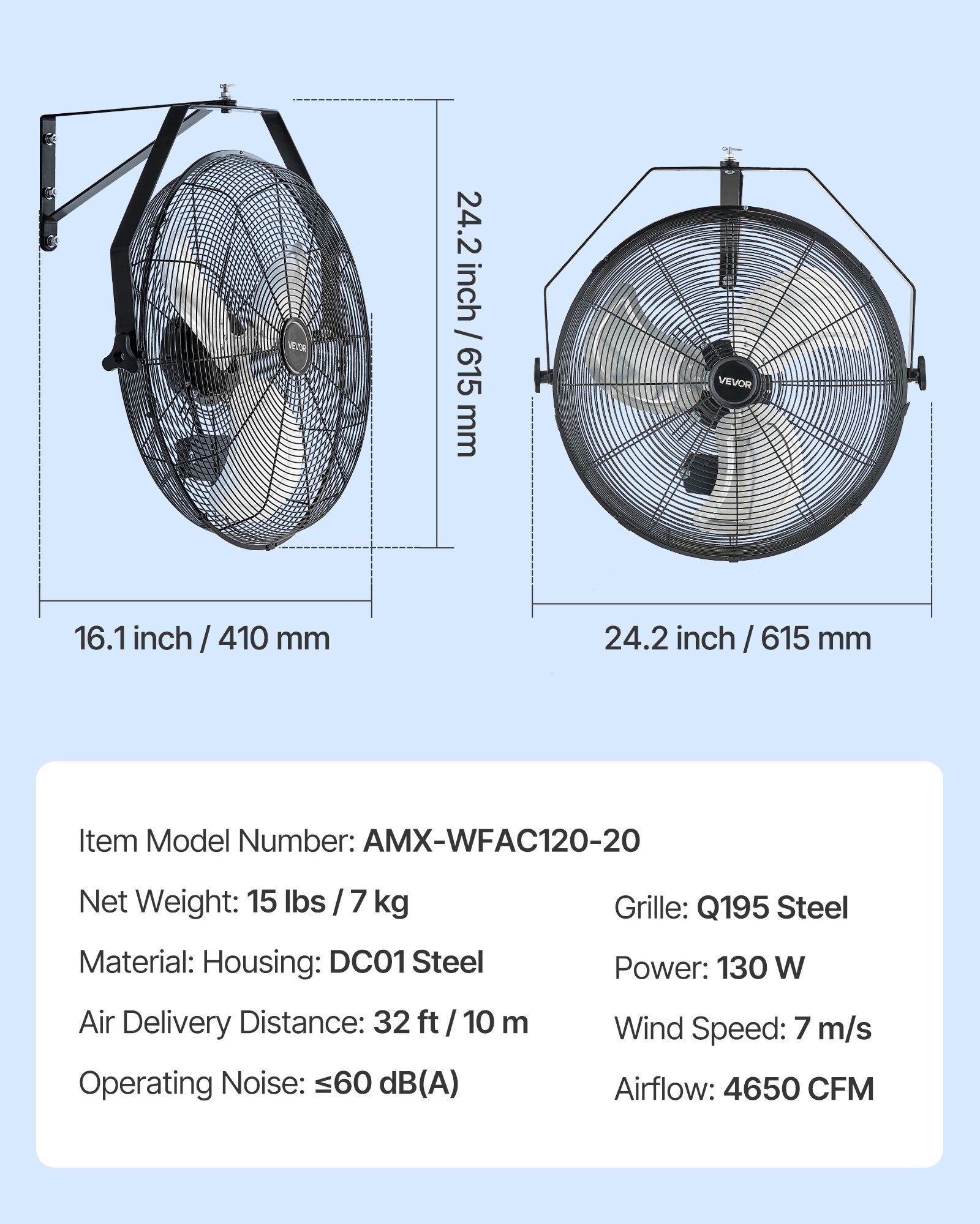 VEVOR 615mm Industrial Wall Mount Fan 3 Speed 4650 CFM for Garage Greenhouse