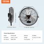 VEVOR wall mount fan bt-wl18b with 21.46-inch height and 30 ft/s air speed, all metal construction.