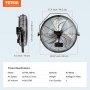 VEVOR wall mount fan, 22.4-inch, all metal, 25 ft/s air speed, 4150 cfm, dimensions displayed.