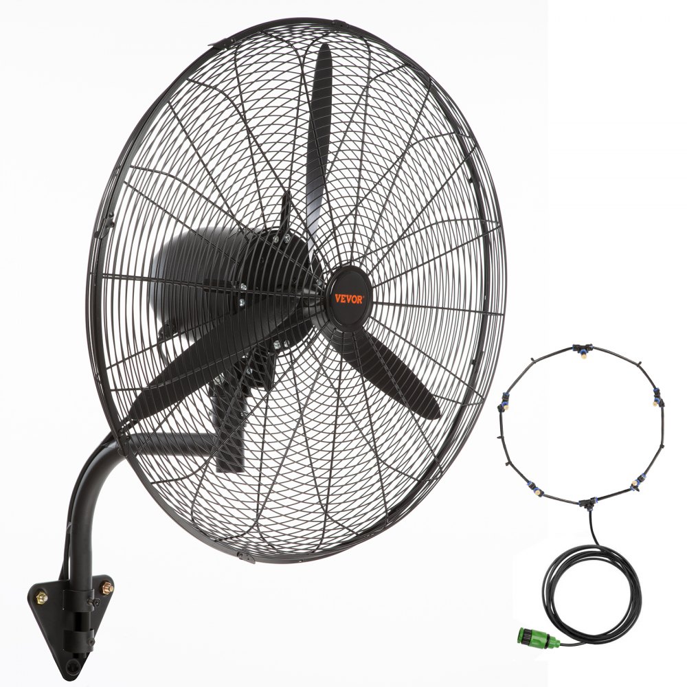 VEVOR Wall-Mount Misting Fan, 24 Inch, 3-speed High Velocity Max. 7000 CFM, Waterproof Oscillating Industrial Wall Fan, Commercial or Residential for Warehouse, Greenhouse, Workshop, Black, ETL Listed
