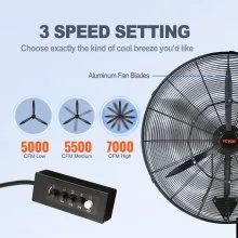 VEVOR Wall-Mount Misting Fan, 24 Inch, 3-speed High Velocity Max. 7000 CFM, Waterproof Oscillating Industrial Wall Fan, Commercial or Residential for Warehouse, Greenhouse, Workshop, Black, ETL Listed