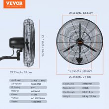 VEVOR 24" Oscillating Wall Mist Fan Metal 3 Speeds 115W