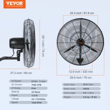 VEVOR Wall-Mount Misting Fan Oscillating Metal Fan 61.6 cm 3 Speed Waterproof