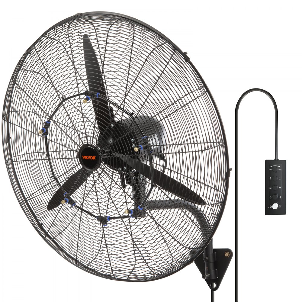 VEVOR wall-mount misting fan with three blades, protective grille, and adjustable control panel.