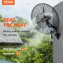 VEVOR wall-mount misting fan cooling outdoor area, highlighting ip44 waterproof and rust-proof features.