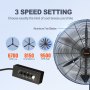 VEVOR wall-mount misting fan with 3 speed settings, aluminum blades, and airflow options from 6700 to 9500 cfm.