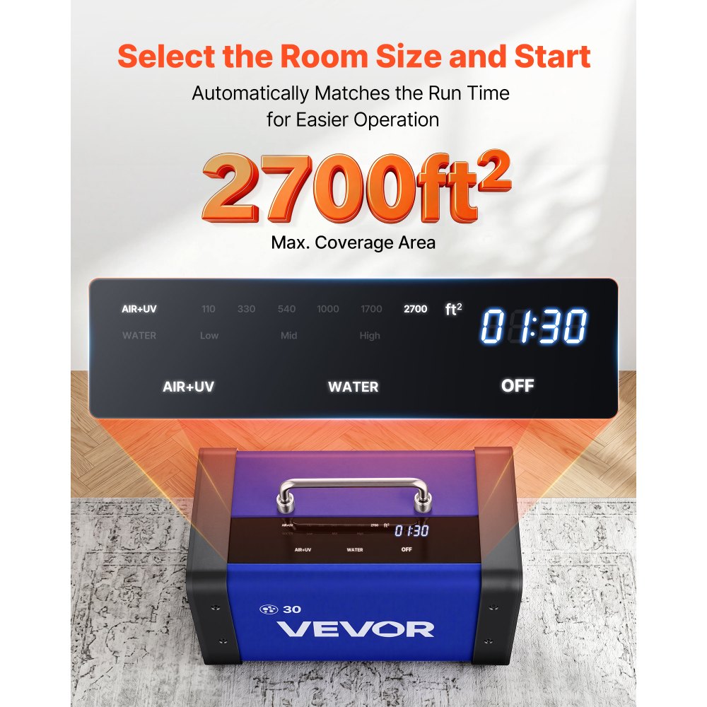 VEVOR Ozone Generator, 30000mg/h Commercial Ozone Machine, with 15s Delayed Start & Dual-Hose Water Mode & LCD Touchscreen, Industrial Deodorizer for Car, Smoke, Home Odors, Up to 2700 sq.ft