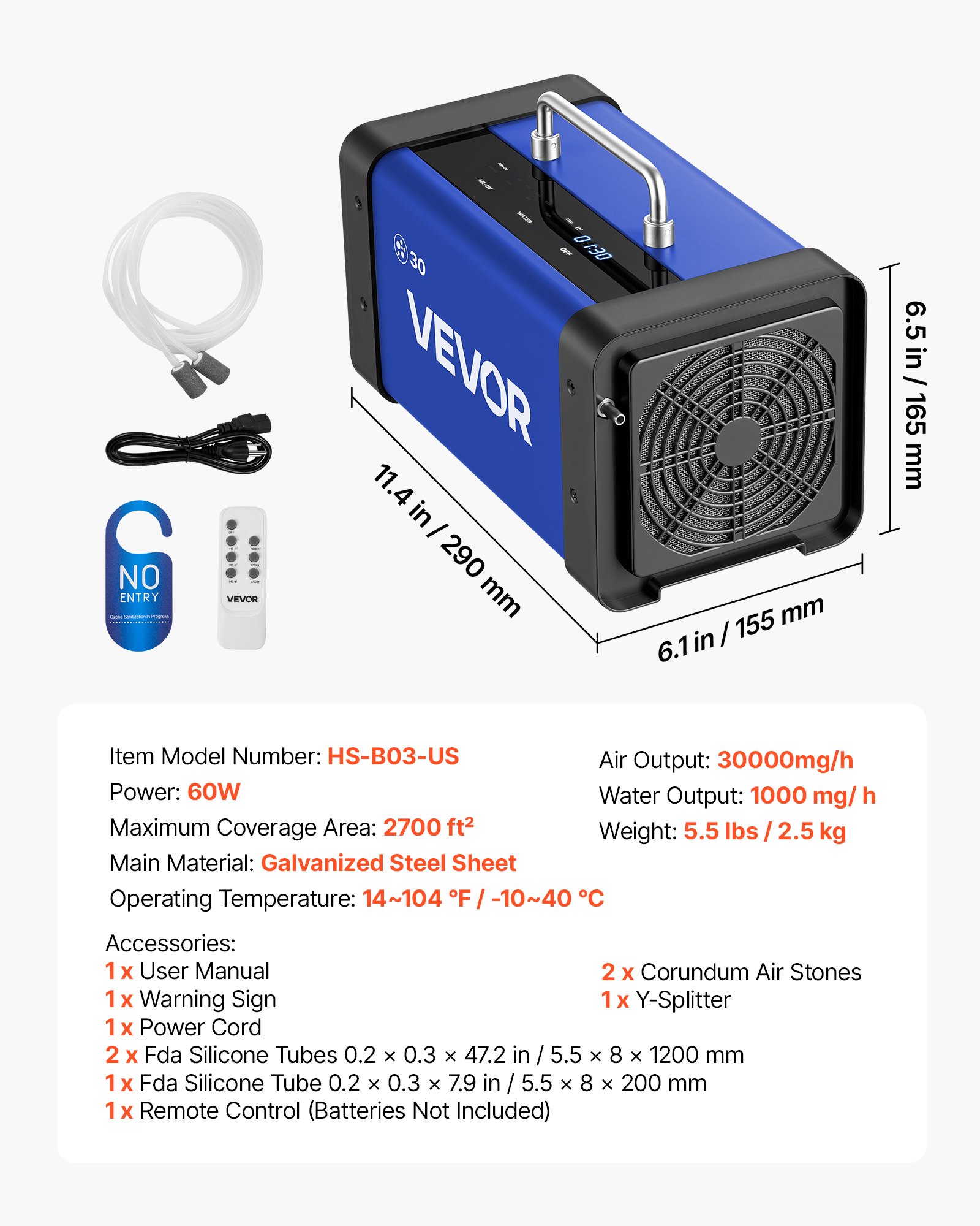 VEVOR Ozone Generator, 30000mg/h Commercial Ozone Machine, with 15s Delayed Start & Dual-Hose Water Mode & LCD Touchscreen, Industrial Deodorizer for Car, Smoke, Home Odors, Up to 2700 sq.ft