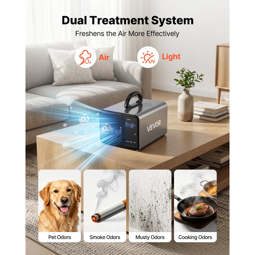VEVOR Ozone Generator, 36000mg/h Commercial Ozone Machine, with 15s Delayed Start & Area-Based Timer & LCD Touchscreen Display, Industrial Deodorizer for Car, Smoke, Home Odors, Up to 3200 sq.ft